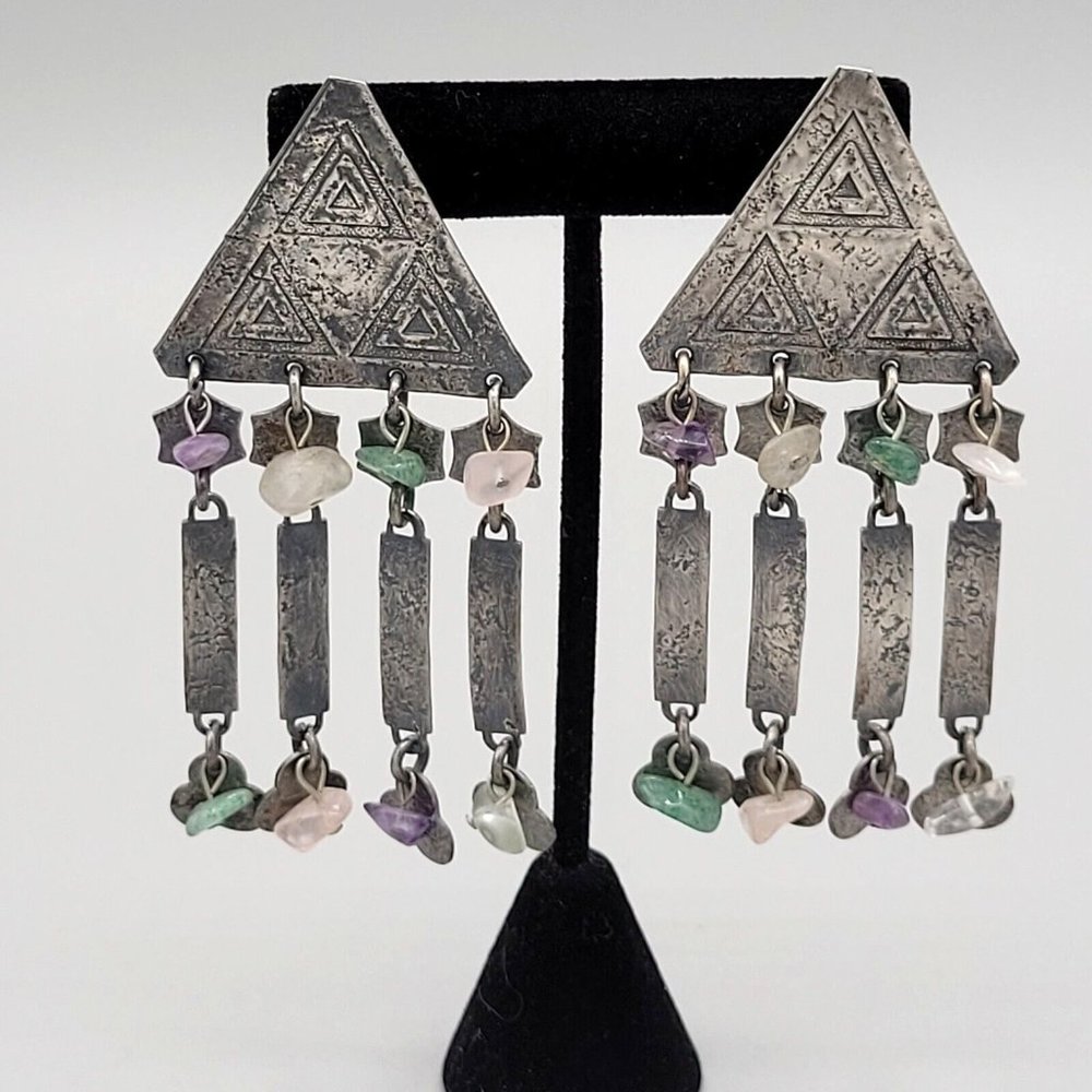 Womens Silver Tone Fashion Earrings Multicolor Stones Secure Lock Back 3 in